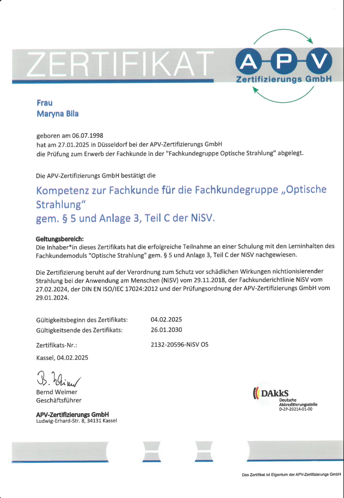 APV certificate for Maryna Bila in optical radiation according to NiSV