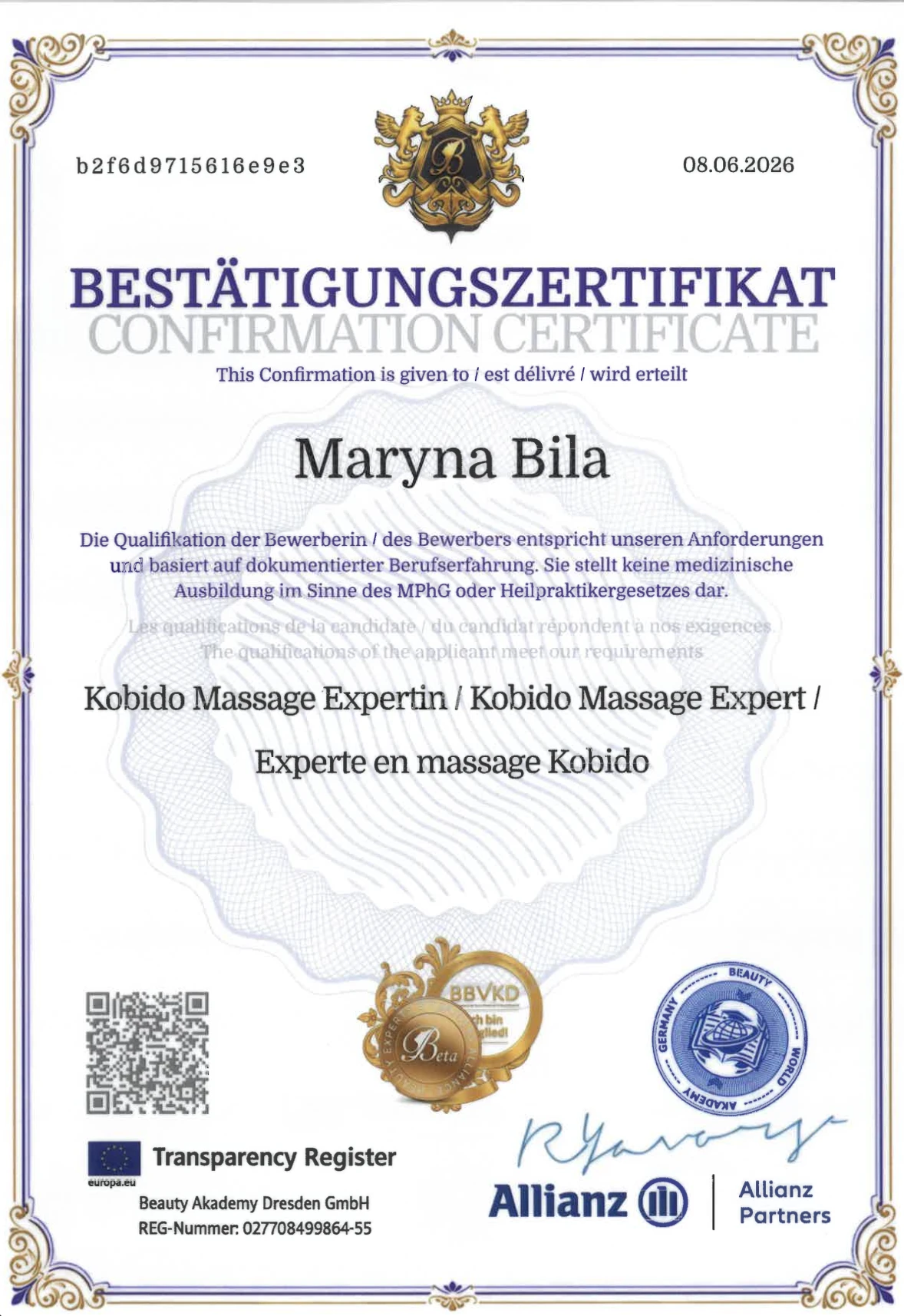 Confirmation certificate for Maryna Bila as a Kobido massage expert